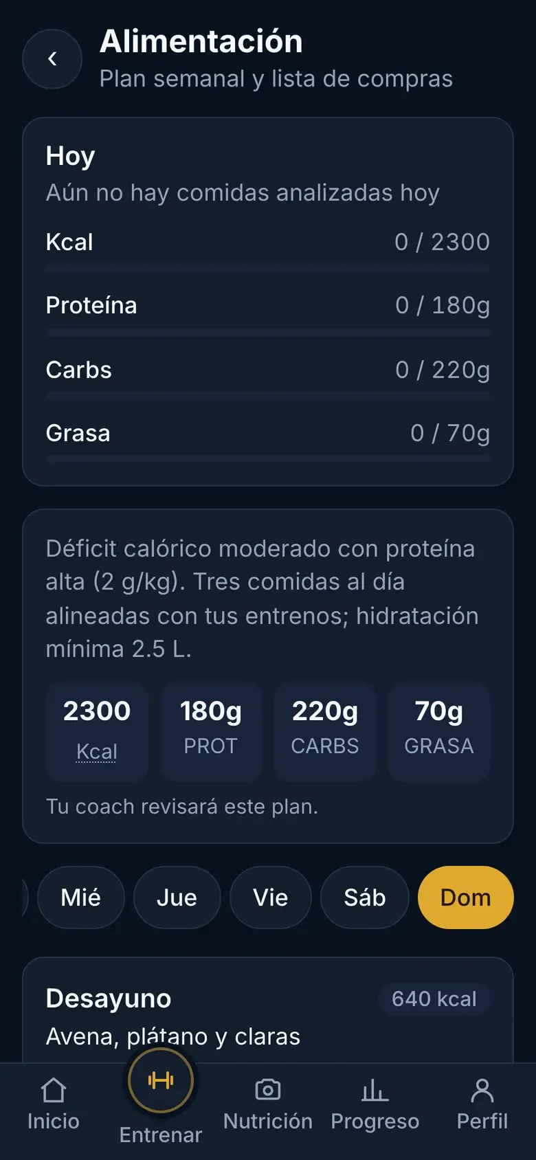 Tarjeta Hoy con los objetivos diarios de calorías y macros del plan de alimentación