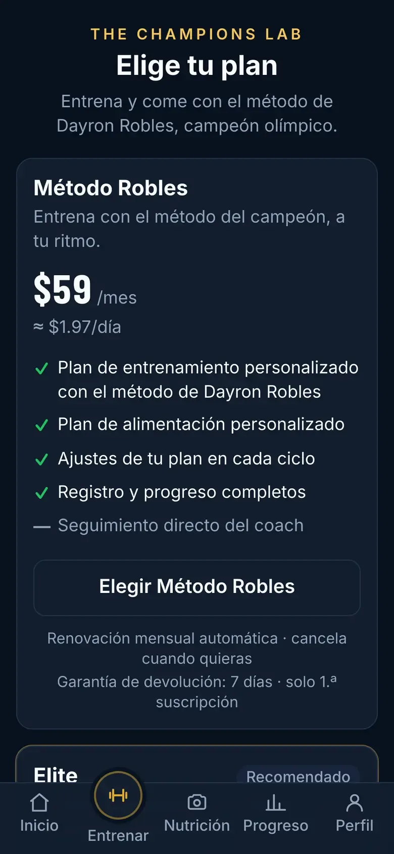 Pantalla «Elige tu plan» con el plan Método Robles y su precio mensual