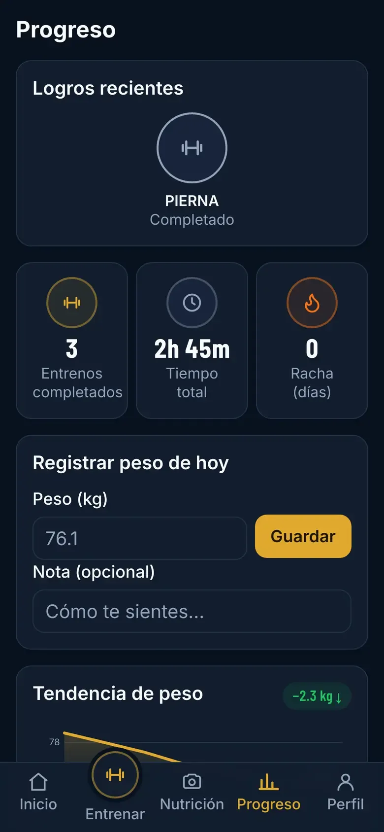 Pantalla de Progreso con los logros recientes y las estadísticas de entrenamiento