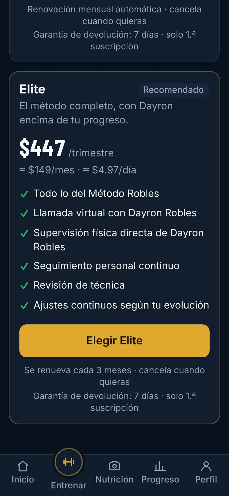 Card del plan Elite con sus condiciones: se renueva cada 3 meses, cancela cuando quieras y garantía de devolución de 7 días en la primera suscripción