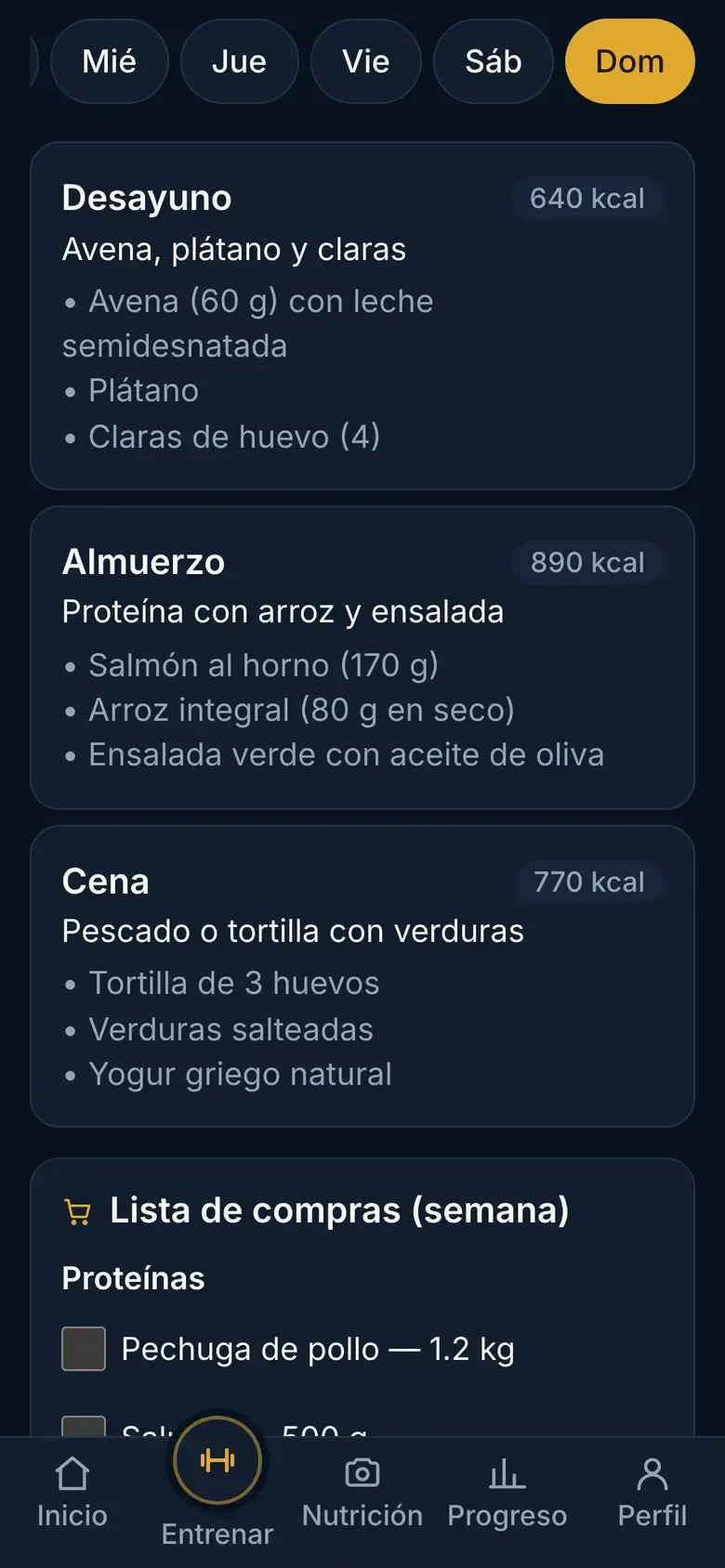 Comidas del día con sus alimentos, cantidades y calorías aproximadas