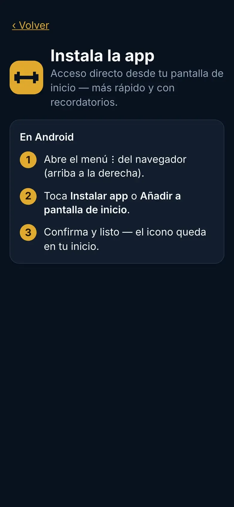Guía de instalación en Android dentro de la app, con los pasos del menú del navegador