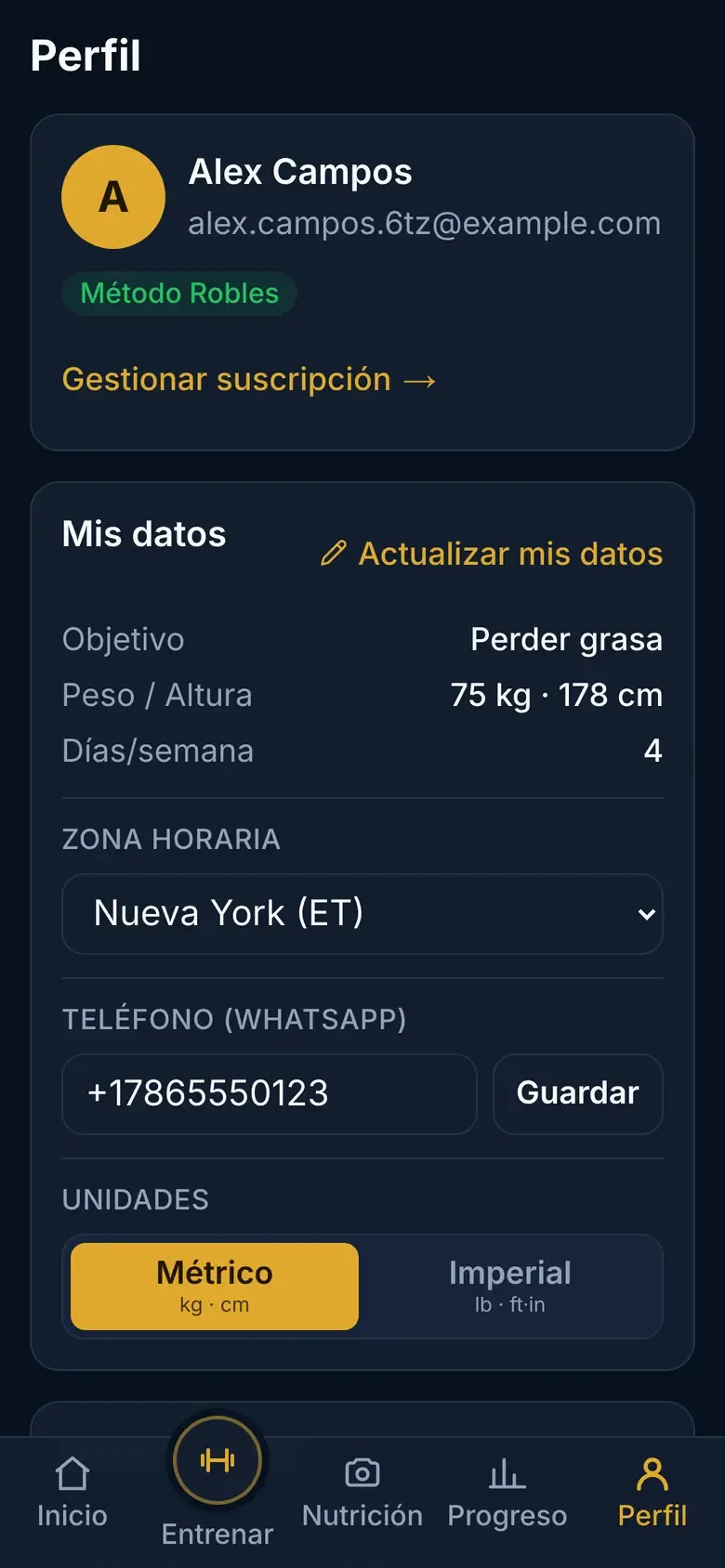 Perfil del atleta con el plan Método Robles activo y el enlace Gestionar suscripción
