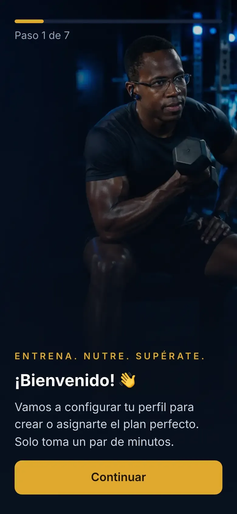 Pantalla de bienvenida del onboarding con el botón Continuar