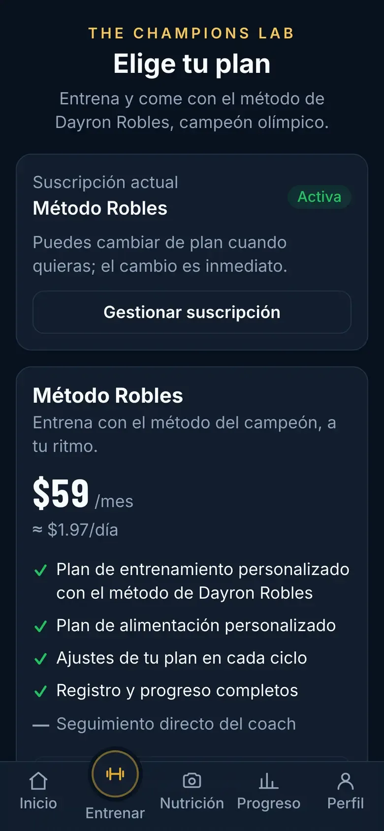 Pantalla de suscripción con la suscripción actual Método Robles activa y el botón Gestionar suscripción