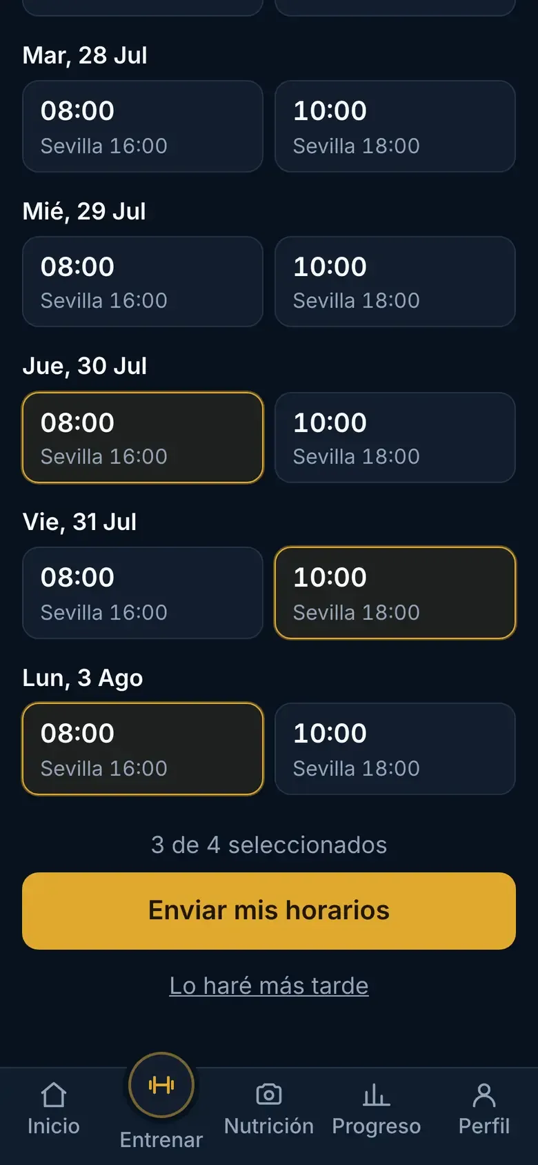 Tres horarios seleccionados y el botón Enviar mis horarios activo