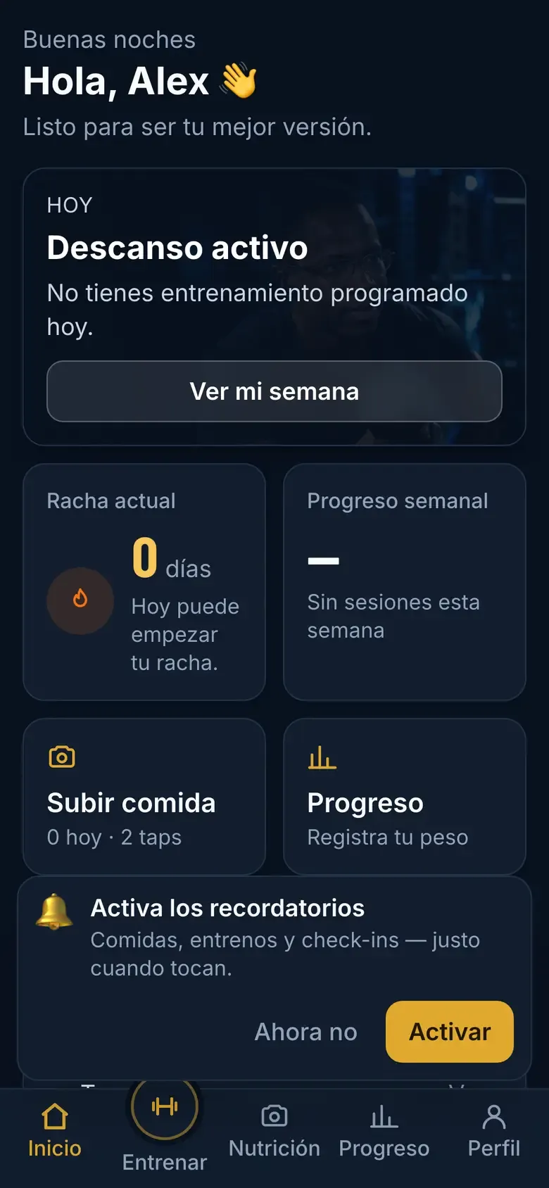 Aviso «Activa los recordatorios» sobre la pantalla de inicio de la app