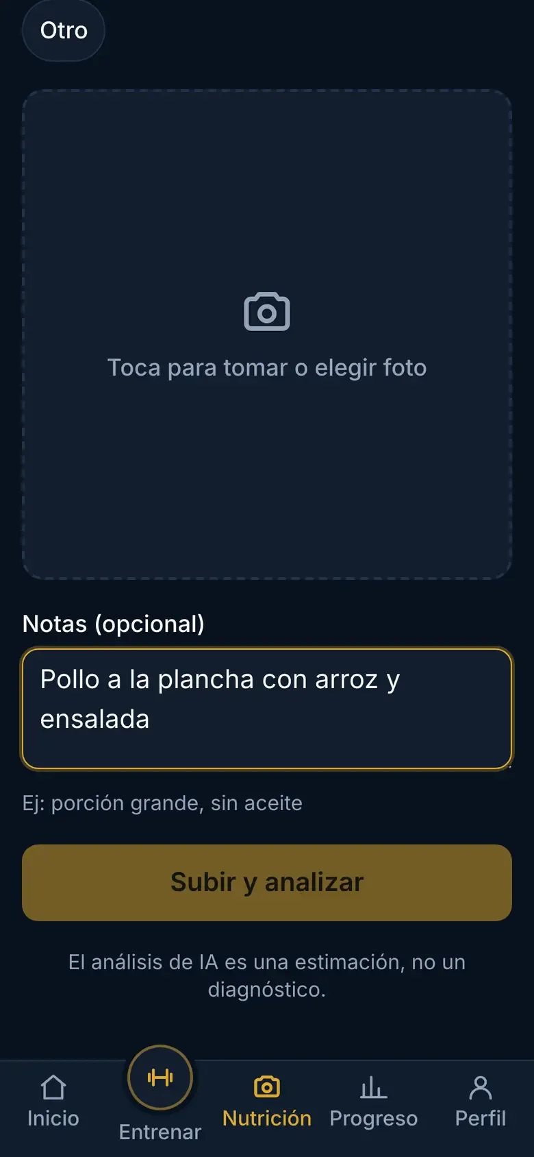 Formulario de registro listo, con la nota escrita, el recuadro de la foto y el botón Subir y analizar a la vista