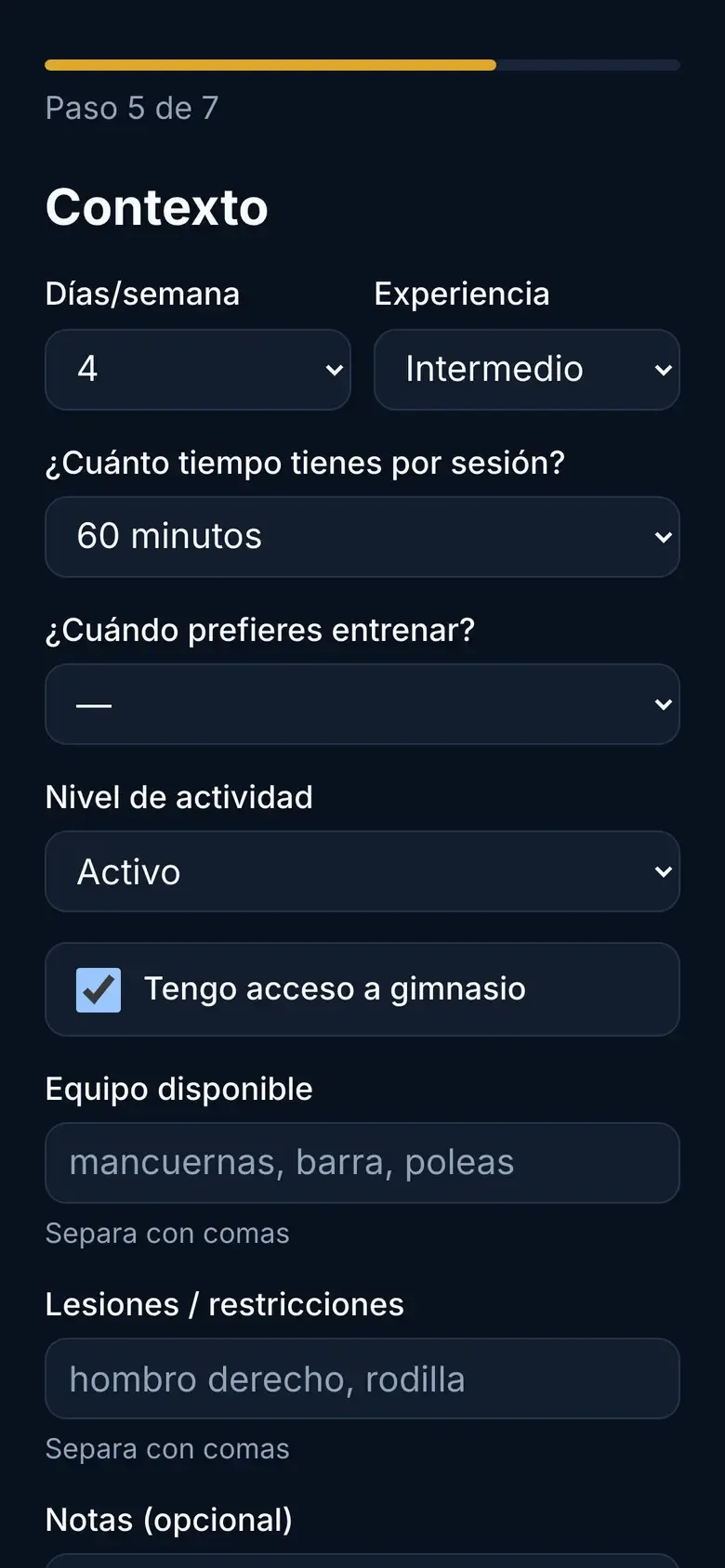 Paso de contexto con 4 días por semana, experiencia intermedia y 60 minutos por sesión