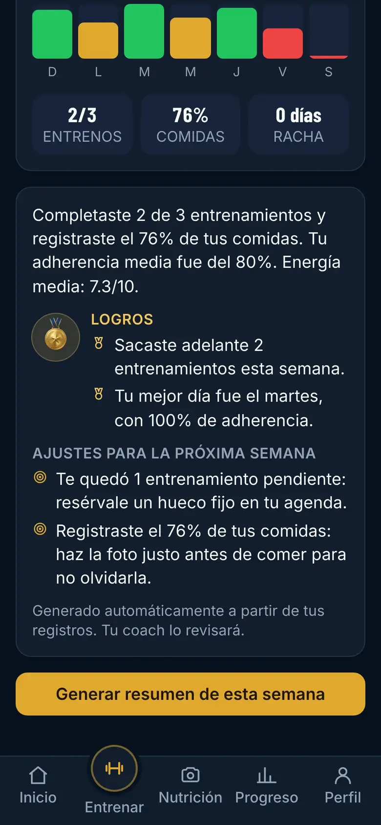 Ajustes para la próxima semana dentro del resumen semanal generado