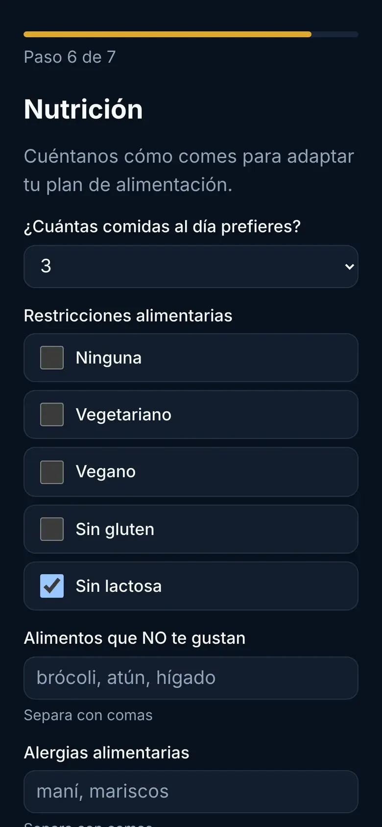 Paso de nutrición con 3 comidas al día y la restricción «Sin lactosa» marcada