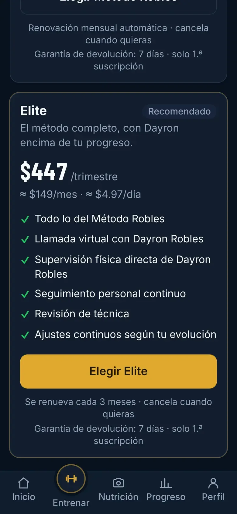 La tarjeta del plan Elite completa, con su precio trimestral, sus beneficios y el botón Elegir Elite