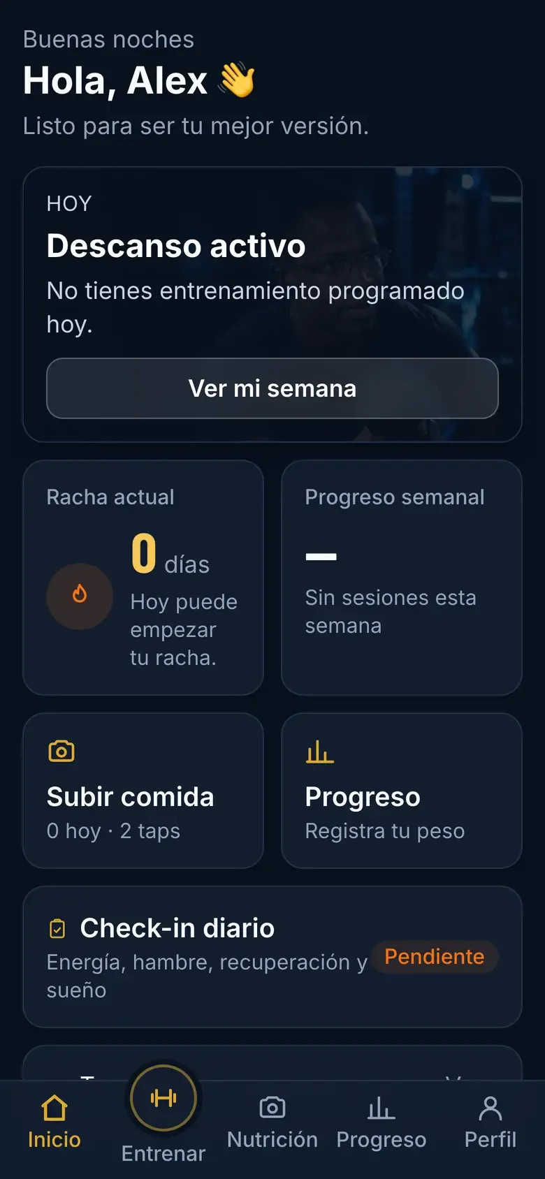 Pantalla de Inicio de un atleta recién registrado