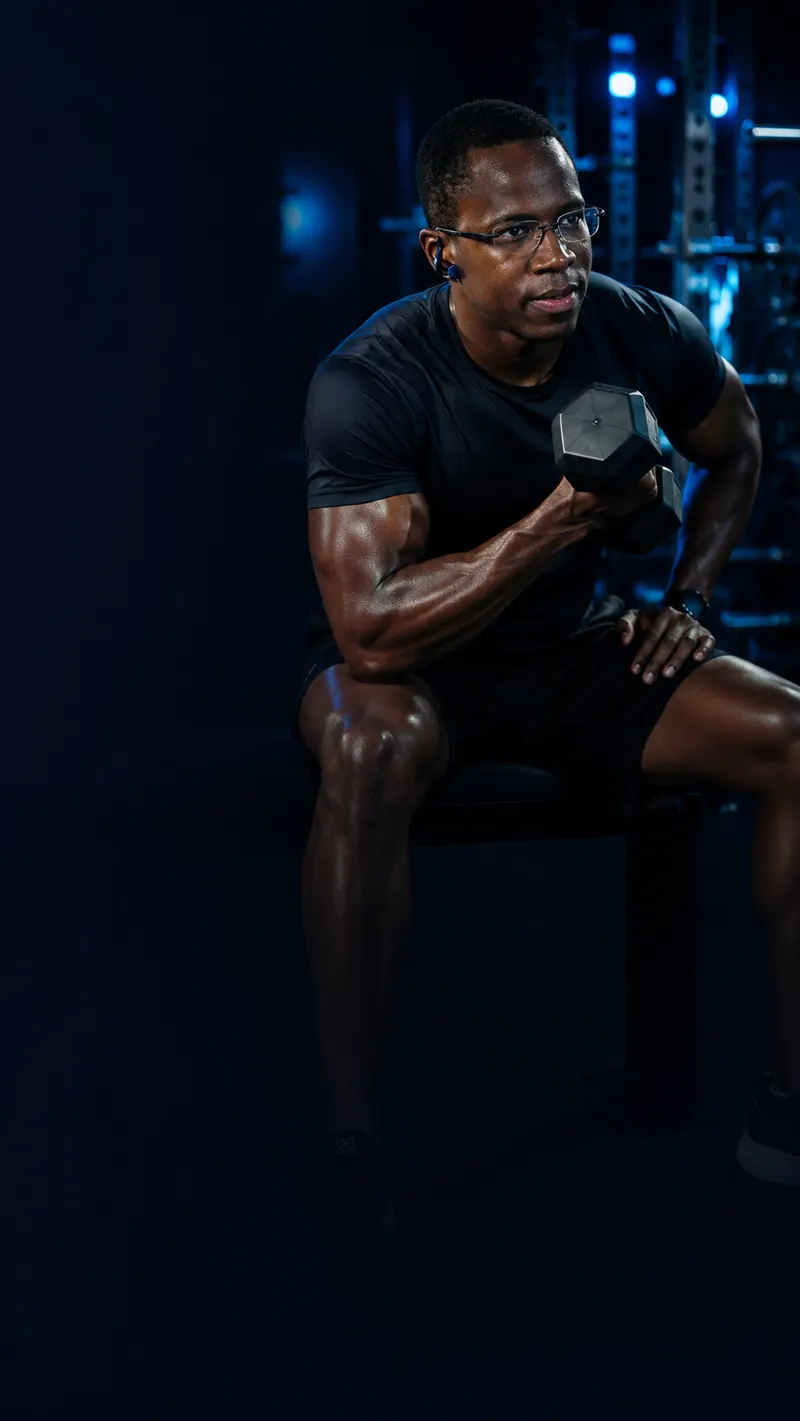 Dayron Robles entrenando con mancuerna en el gimnasio